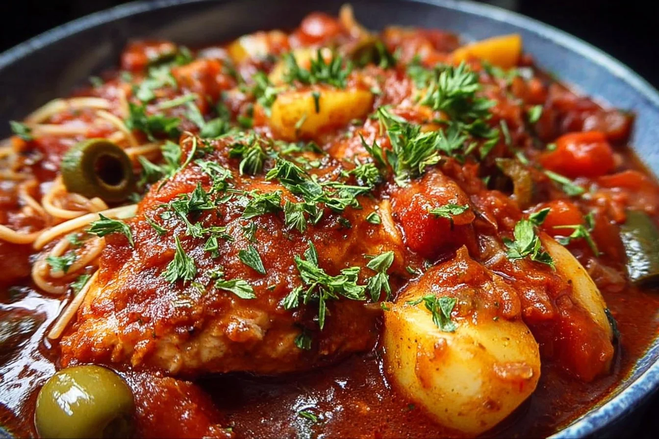 Slow Cooker Chicken Cacciatore dish with vegetables and herbs