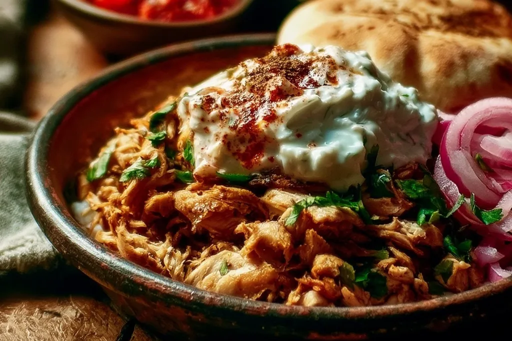 Slow Cooker Chicken Shawarma 5 Slow cooker chicken shawarma served with fresh vegetables and sauces
