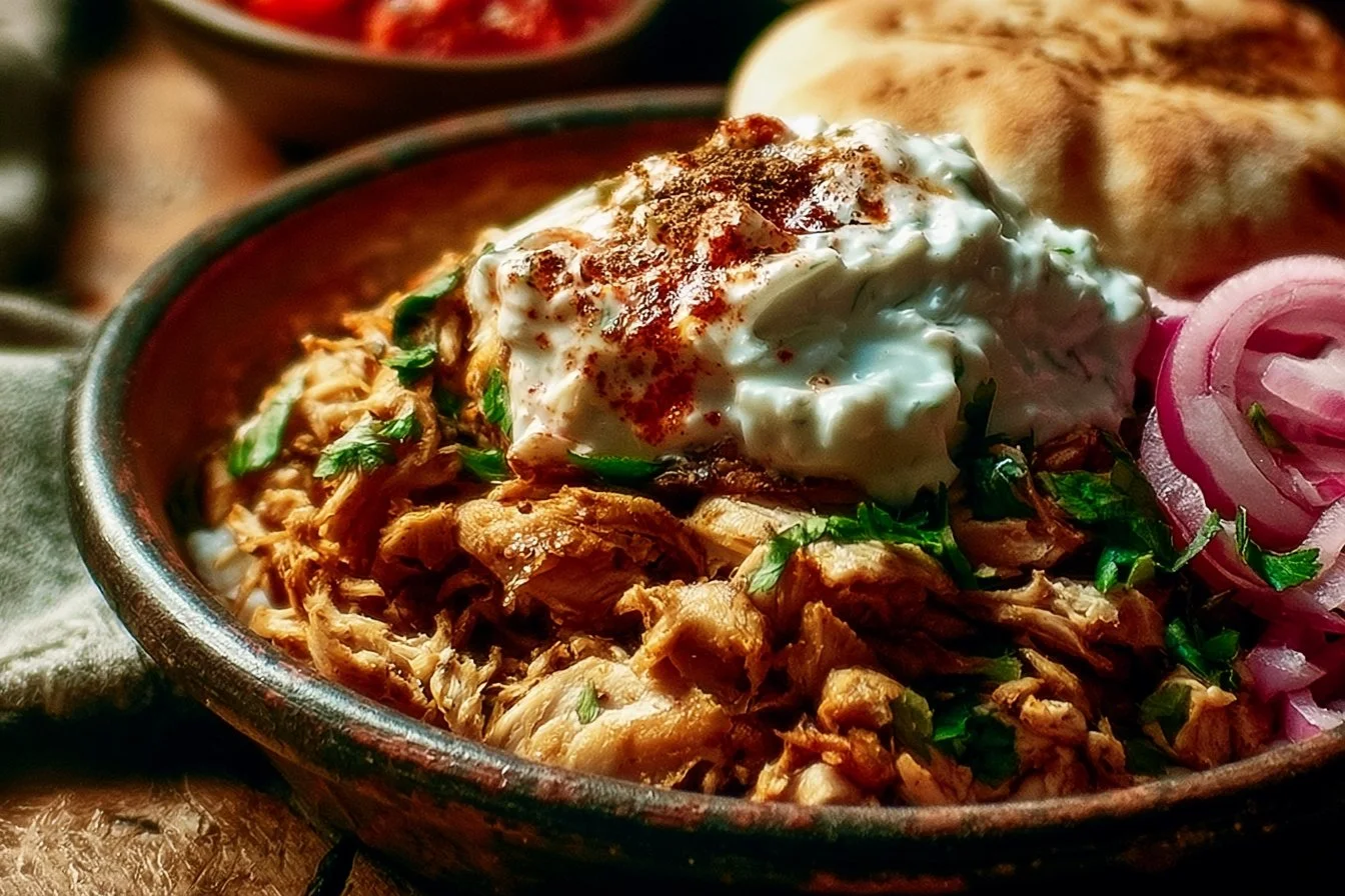 Slow Cooker Chicken Shawarma 2 Slow cooker chicken shawarma served with fresh vegetables and sauces