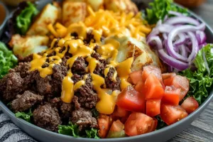 Delicious smash burger bowl topped with fresh ingredients and served in a bowl.