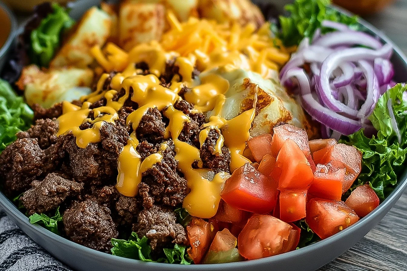 Delicious smash burger bowl topped with fresh ingredients and served in a bowl.