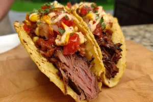 Delicious smoked BBQ beef tacos served with fresh toppings