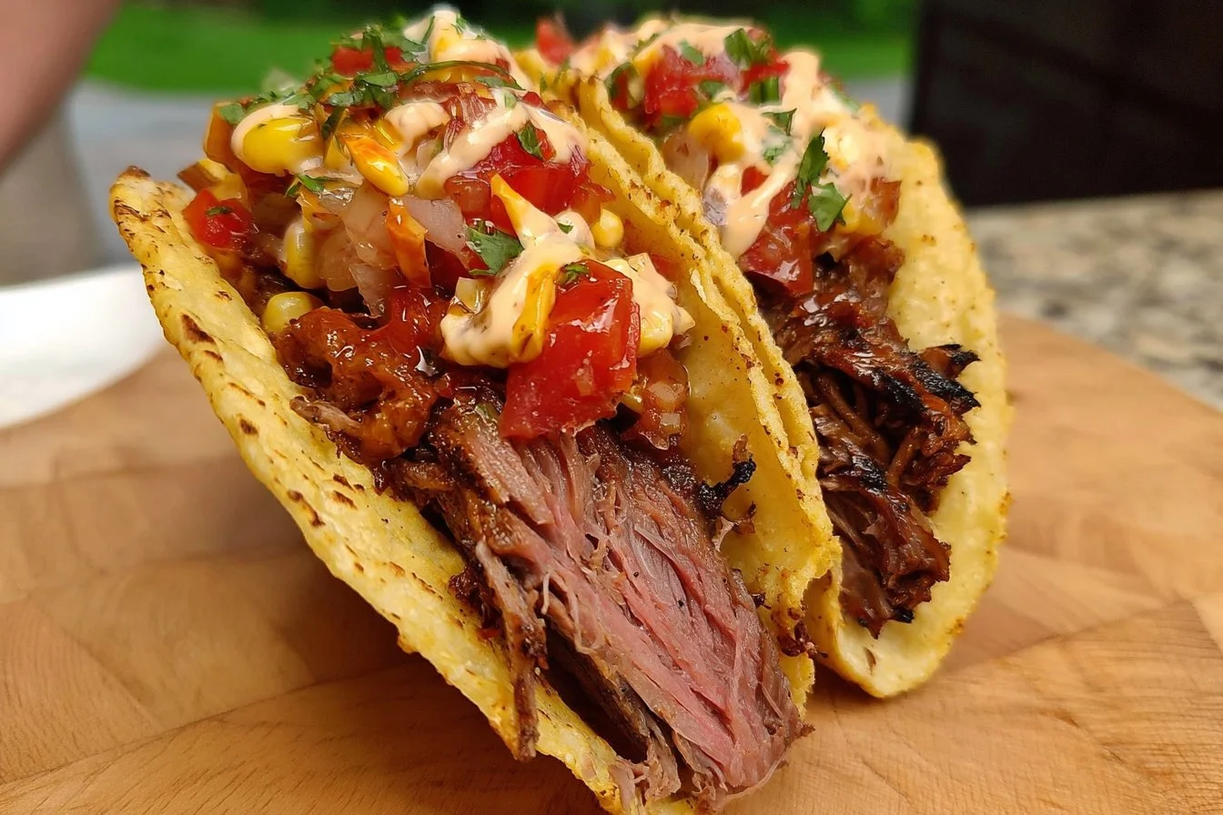 Delicious smoked BBQ beef tacos served with fresh toppings