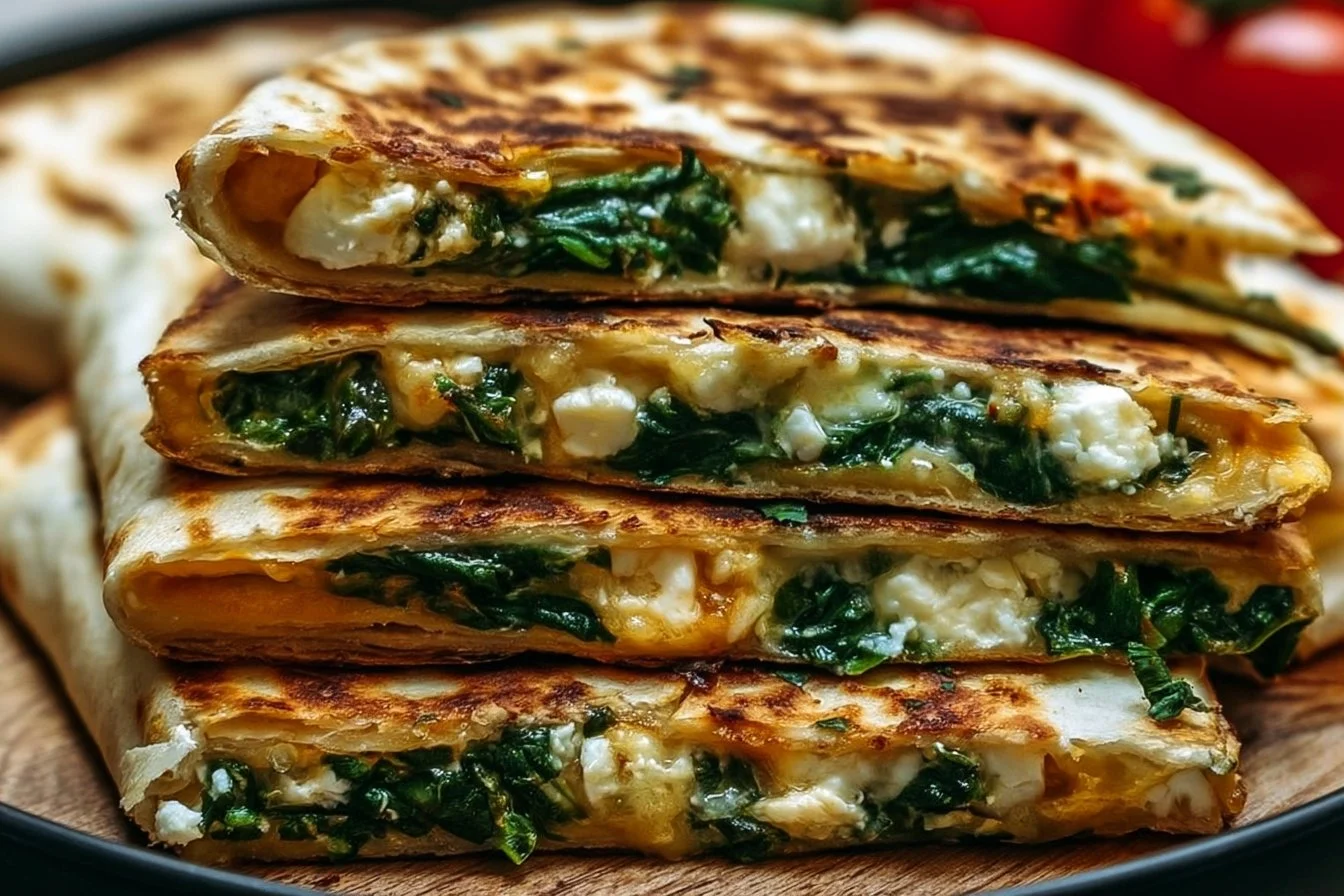 Spinach Feta Quesadillas with fresh spinach and melted cheese, served on a plate.