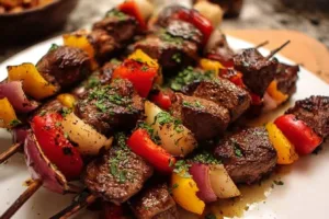 Grilled steak kabobs stacked with colorful vegetables on skewers