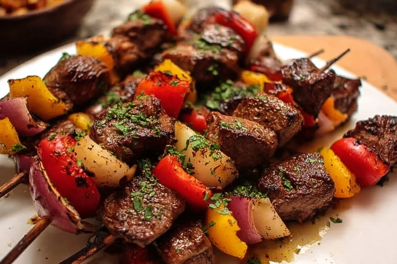 Steak Kabobs 2 Grilled steak kabobs stacked with colorful vegetables on skewers