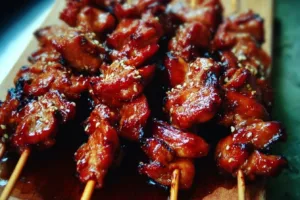 Sticky Bourbon Chicken Skewers with glaze on a grill plate