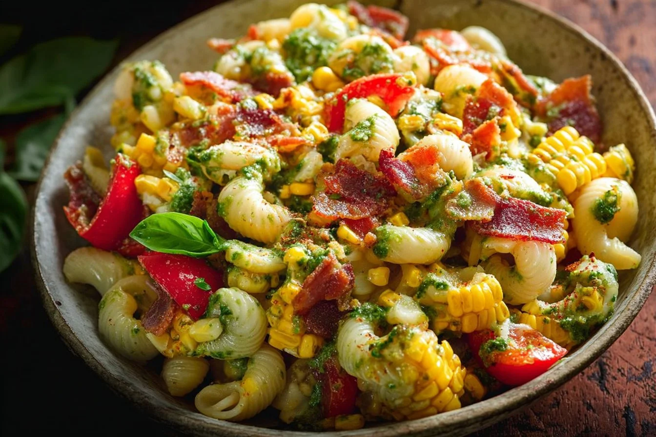 Summer Pasta Salad with Corn, Bell Pepper, Bacon, and Creamy Pesto Dressing 3 Summer Pasta Salad with Corn, Bell Pepper, Bacon, and Creamy Pesto Dressing
