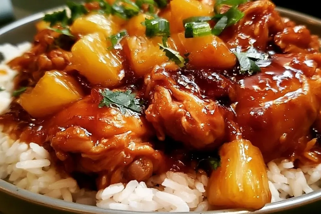 Delicious Sweet Hawaiian Crockpot Chicken served with rice and pineapple