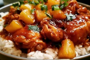 Delicious Sweet Hawaiian Crockpot Chicken served with rice and pineapple