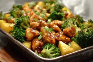 Sweet sheet pan pineapple chicken with broccoli for a healthy dinner