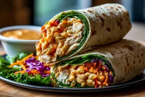 Thai peanut chicken wraps with fresh ingredients and peanut sauce