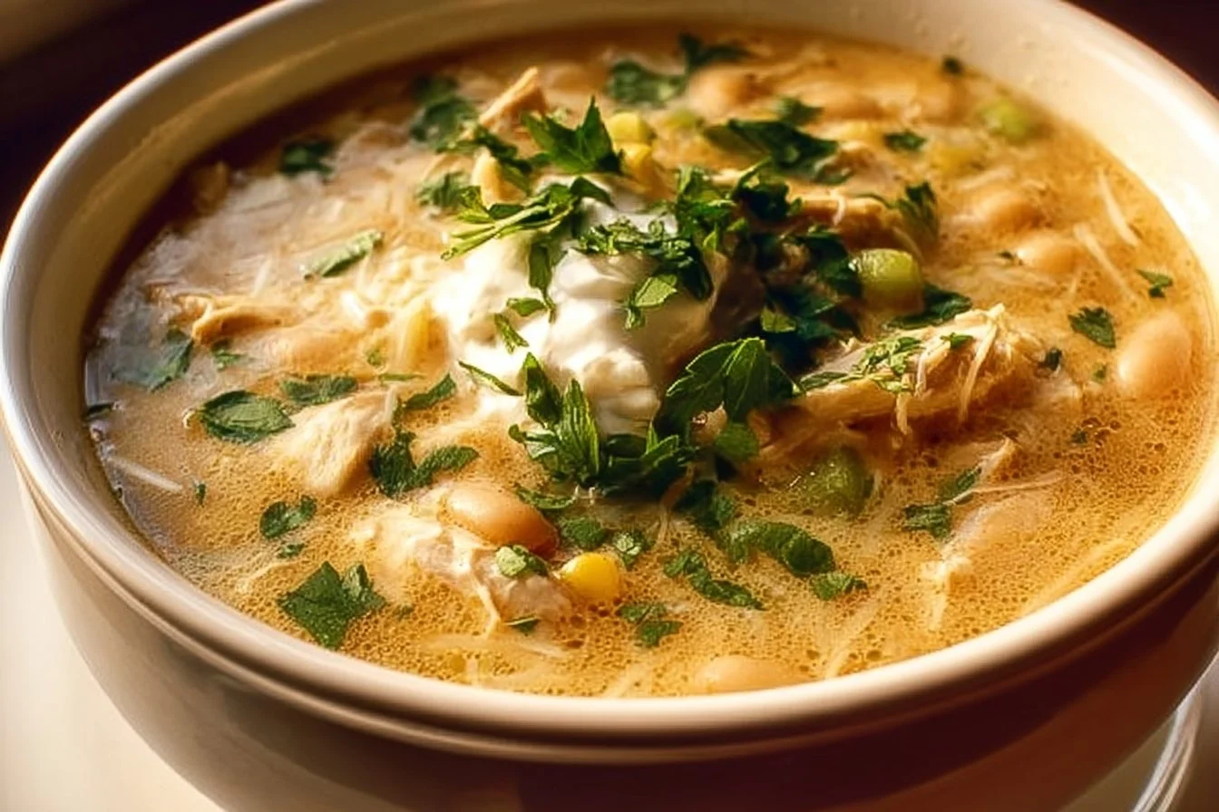 Bowl of creamy white chicken chili topped with herbs
