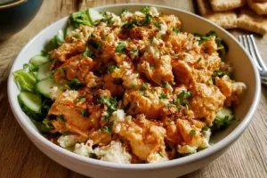 Buffalo Chicken Salad with Cottage Cheese served in a colorful bowl