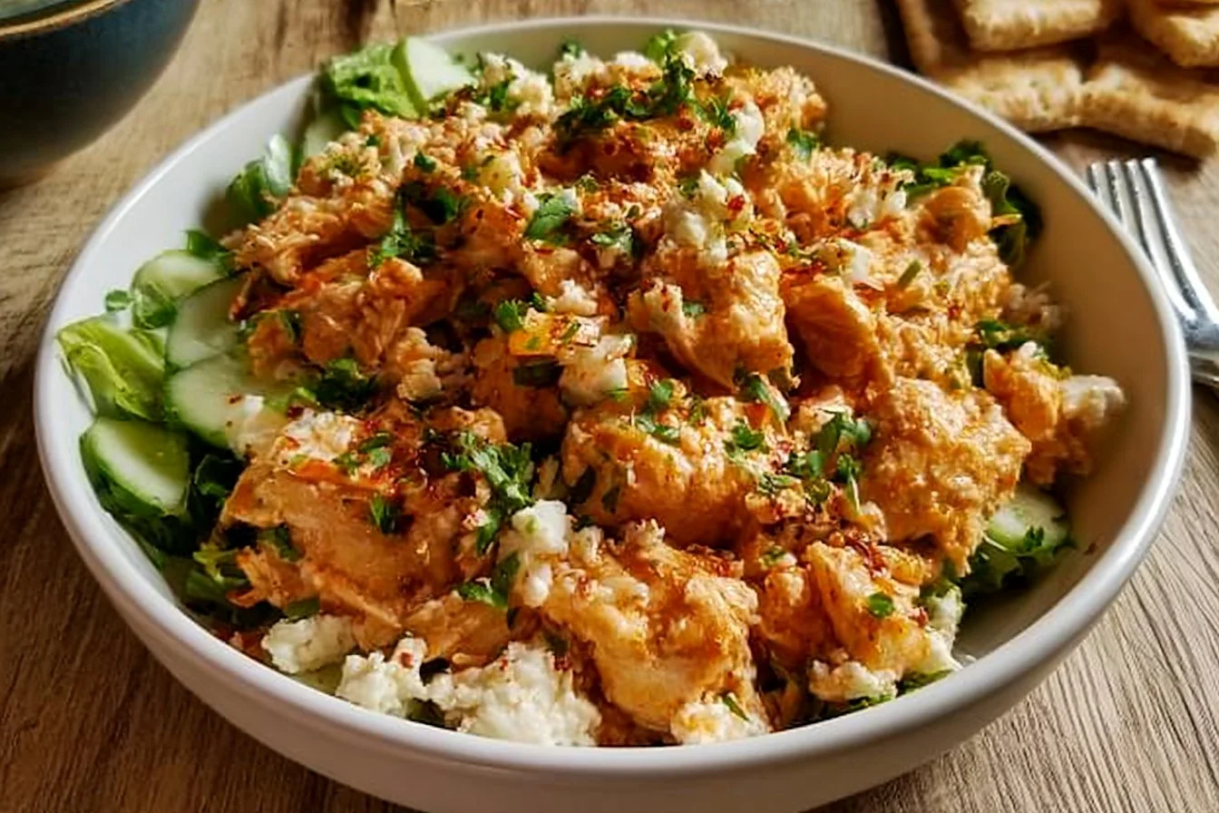 Buffalo Chicken Salad with Cottage Cheese served in a colorful bowl