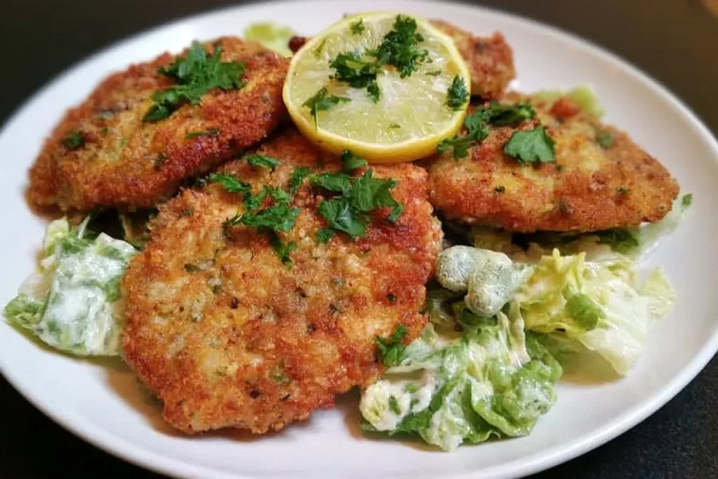 Caesar salad with chicken cutlets garnished with Parmesan cheese