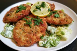 Caesar salad with chicken cutlets garnished with Parmesan cheese