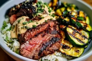 Delicious grilled steak bowl with sauce and grilled zucchini on a plate