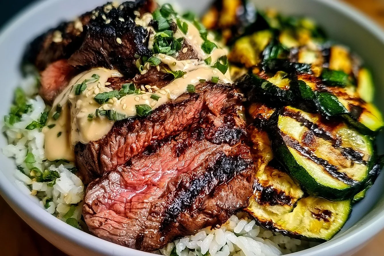 Grilled Steak Bowl with Sauce & Grilled Zucchini Bliss 2 Delicious grilled steak bowl with sauce and grilled zucchini on a plate