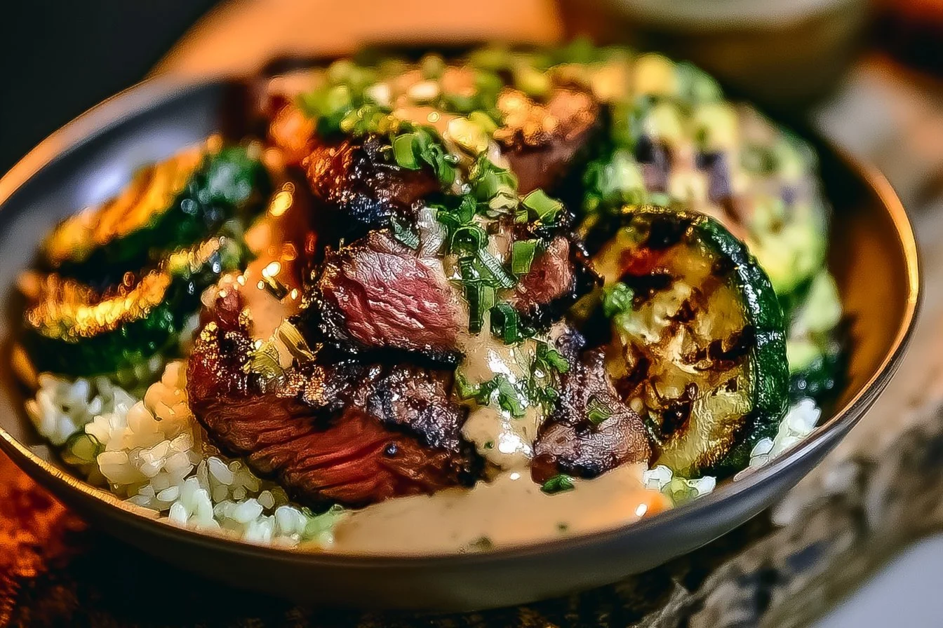 Grilled Steak Bowl with Sauce & Grilled Zucchini Bliss 3 Grilled Steak Bowl with Sauce & Grilled Zucchini Bliss