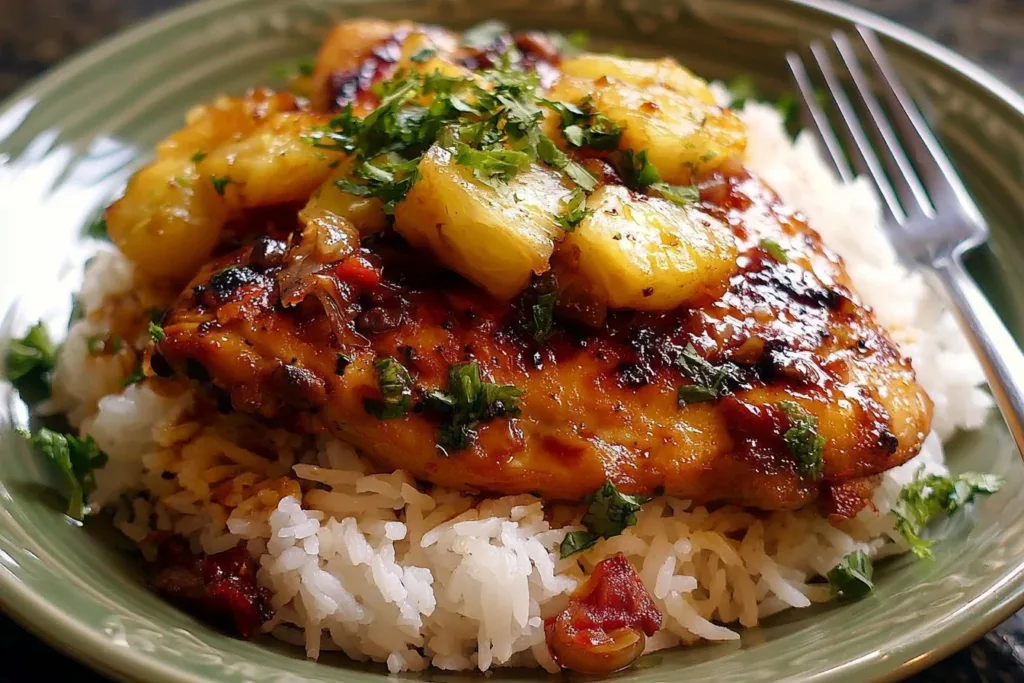 A delicious serving of Hawaiian Chicken with coconut rice, garnished with tropical fruits.