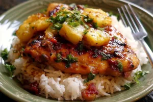 A delicious serving of Hawaiian Chicken with coconut rice, garnished with tropical fruits.