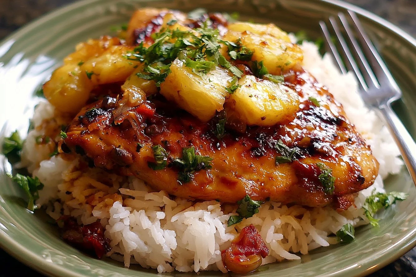 Hawaiian Chicken & Coconut Rice: Tropical Dinner Delight 2 A delicious serving of Hawaiian Chicken with coconut rice, garnished with tropical fruits.