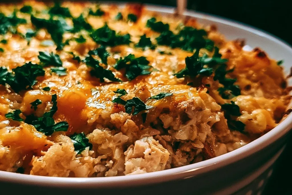Healthy Chicken Cauliflower Rice Casserole 5 Healthy chicken cauliflower rice casserole topped with green herbs