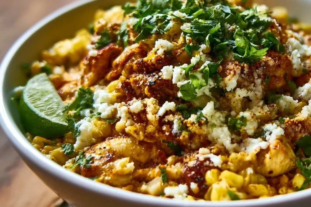 Quick & Easy Mexican Street Corn Chicken Bowls 5 Mexican street corn chicken bowls garnished with cilantro and lime.
