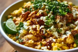 Mexican street corn chicken bowls garnished with cilantro and lime.