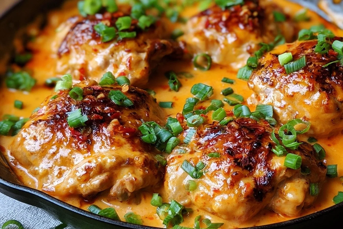 Skillet Bang Bang Chicken Thighs 2 Delicious Skillet Bang Bang Chicken Thighs garnished and ready to serve