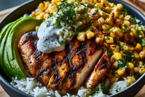 Delicious Street Corn Chicken Bowl with grilled chicken and fresh toppings.