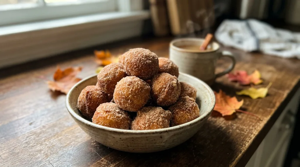 Apple Cider Donut Holes: Warm, Cinnamon-Sugar Fall Bites That Melt in Your Mouth 3 Bowl of cinnamon sugar apple cider donut holes on a fall kitchen counte