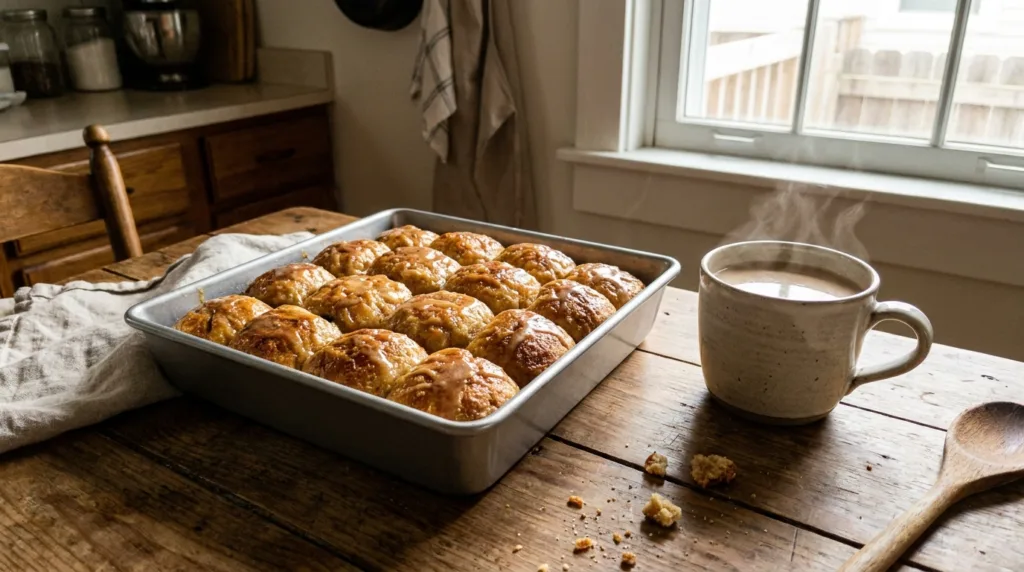 Maple Chai Pull-Apart Bites: Easy Spiced Biscuit Bites With Glaze 3 Pan of maple chai pull-apart bites with glaze on a kitchen table