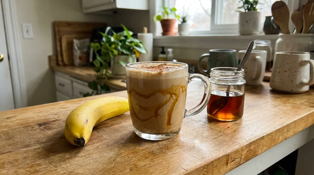 Banana Bread Latte: The Viral Coffee Syrup That's Beating Pumpkin Spice 3 Finished banana bread latte topped with cinnamon on a kitchen counter