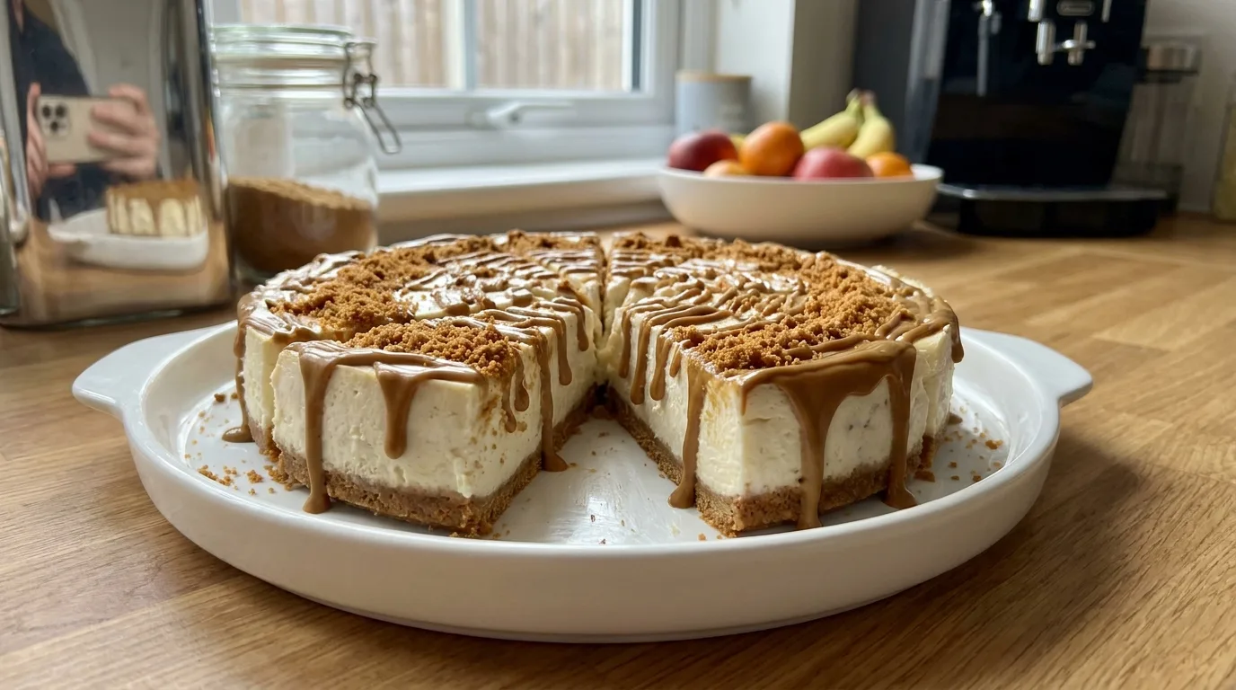 Plated yogurt Biscoff cheesecake topped with cookie crumbs