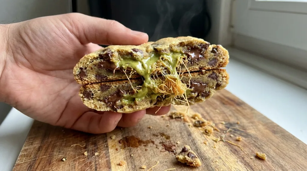 Dubai Chocolate Cookie: The Viral Pistachio-Kunafa Stuffed Cookie Everyone's Making 3 Dubai chocolate cookie broken open showing pistachio kunafa filling