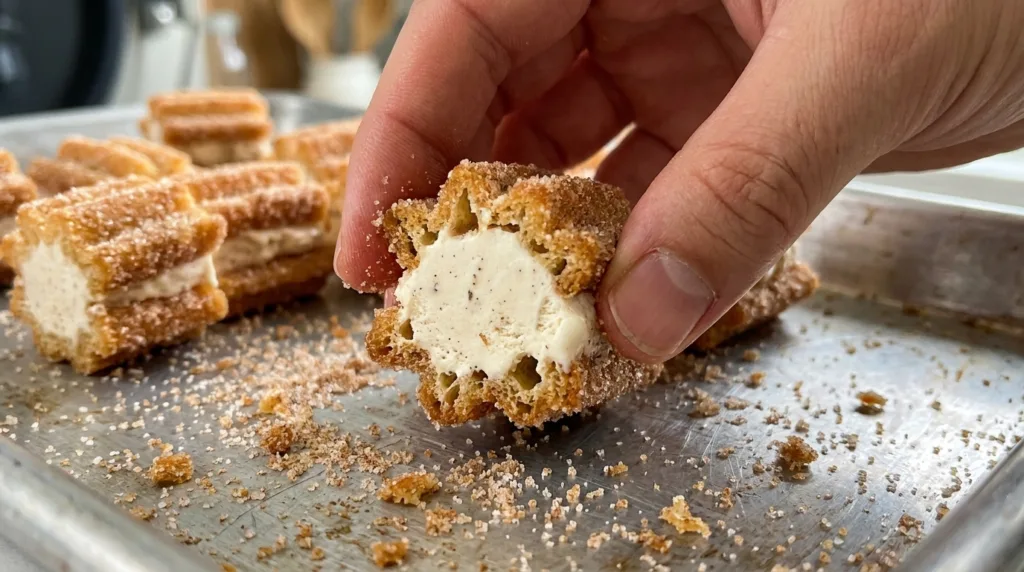 Cinnamon churro ice cream bite broken open showing creamy center
