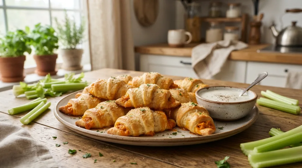 Platter of buffalo chicken crescent rolls with ranch dip