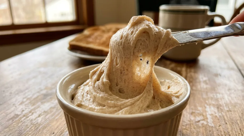 Fluffy whipped cinnamon butter being scooped with a knife