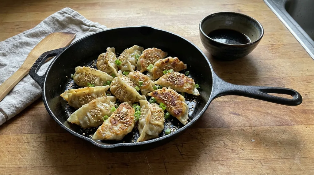 Cabbage Dumplings: The Trending Low-Carb Potsticker Swap 3 Skillet of pan-fried cabbage dumplings with dipping sauce