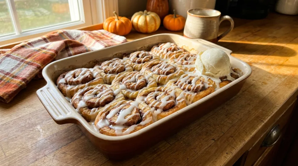 Cinnamon Roll Apple Cobbler: The Ultimate 2-in-1 Fall Baking Hack 3 Baked cinnamon roll apple cobbler drizzled with icing in a baking dish