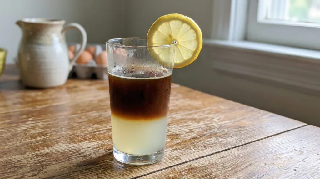 Finished coffee lemonade with lemon garnish on a wooden kitchen table