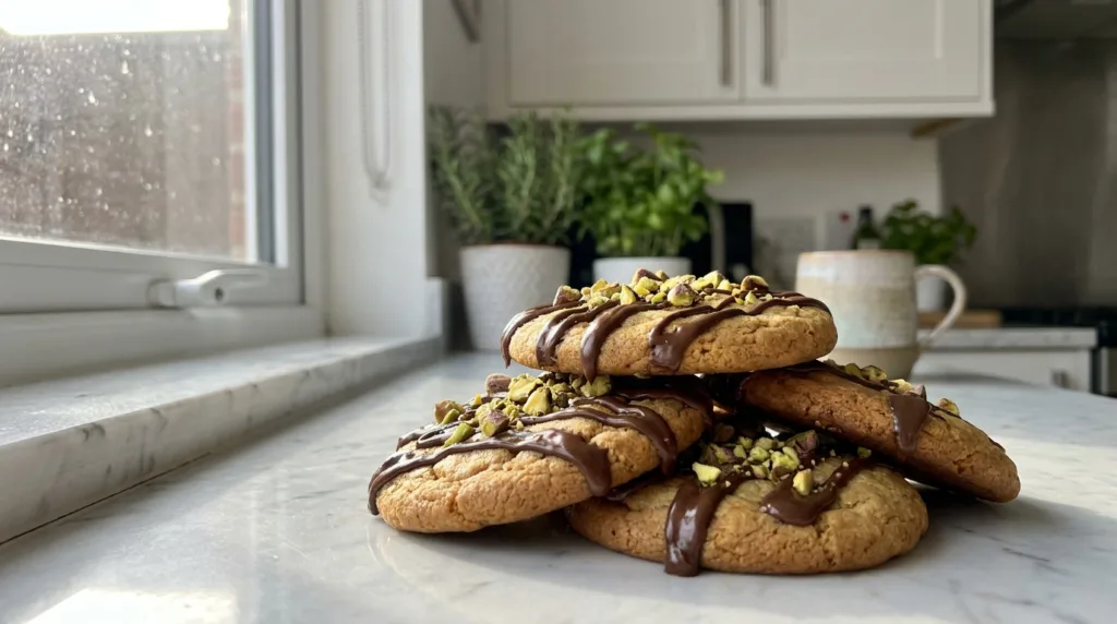 Dubai Chocolate Cookie: The Viral Pistachio-Kunafa Stuffed Cookie Everyone's Making 8 Stack of Dubai chocolate cookies topped with pistachio and chocolate drizzle