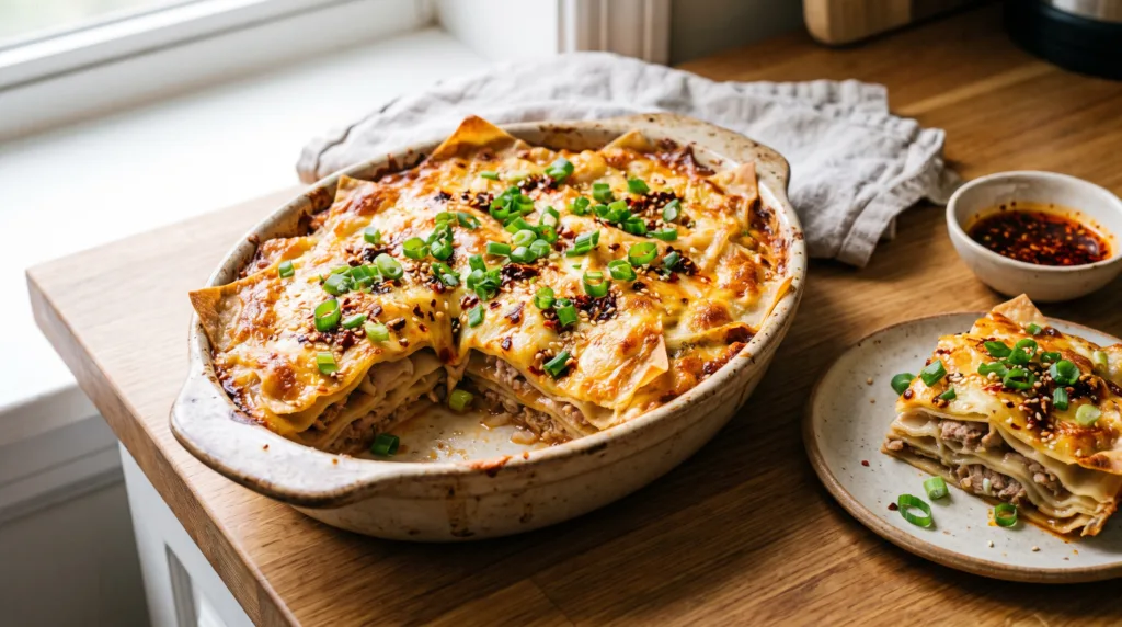 Best Dumpling Lasagna Recipe (Wonton Wrapper Hack!) 3 A freshly baked Dumpling Lasagna in a ceramic dish topped with melted mozzarella, green onions, and sesame seeds.