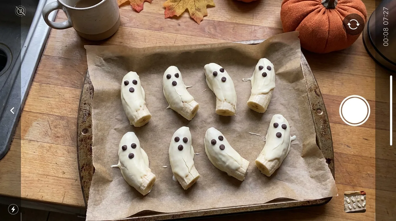 Frozen banana ghosts with white chocolate and chocolate chip faces