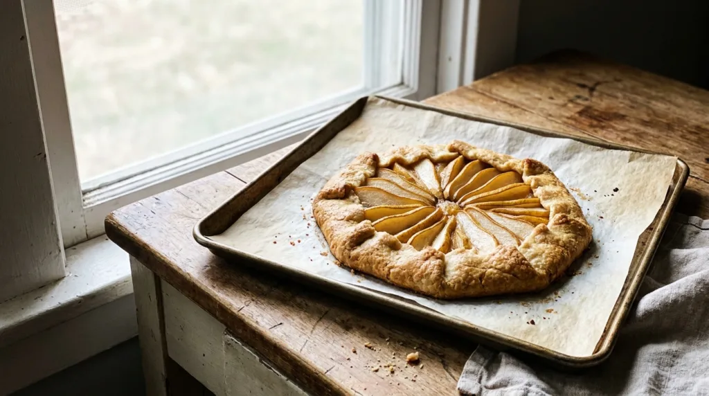 Salted Maple Pear Galette: Easy Rustic Fall Dessert 3 Whole salted maple pear galette with fanned pears on a baking sheet