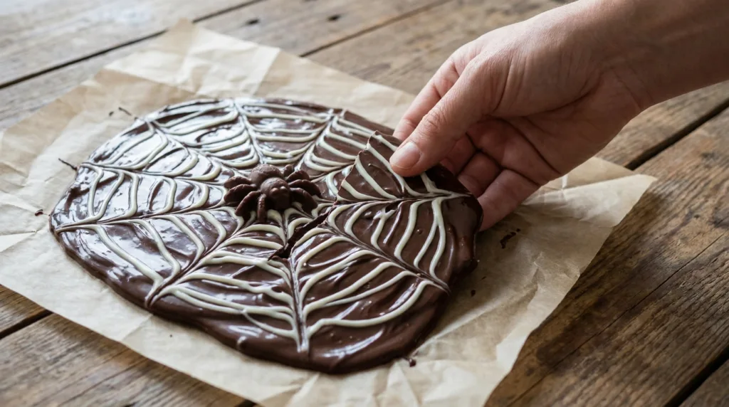 Spiderweb Chocolate Bark: The 10-Minute Halloween Treat That Looks Fancy 3 Broken piece of spiderweb chocolate bark with candy spider