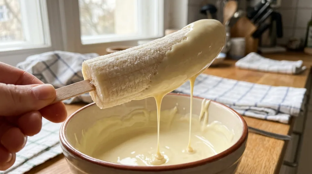 Frozen Banana Ghosts: Easy 4-Ingredient Halloween Treat 3 Frozen banana half dipped in white chocolate for banana ghost pops