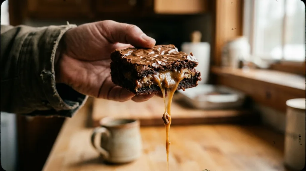 Hand holding a square pecan pie brownie with a gooey caramel pull center.